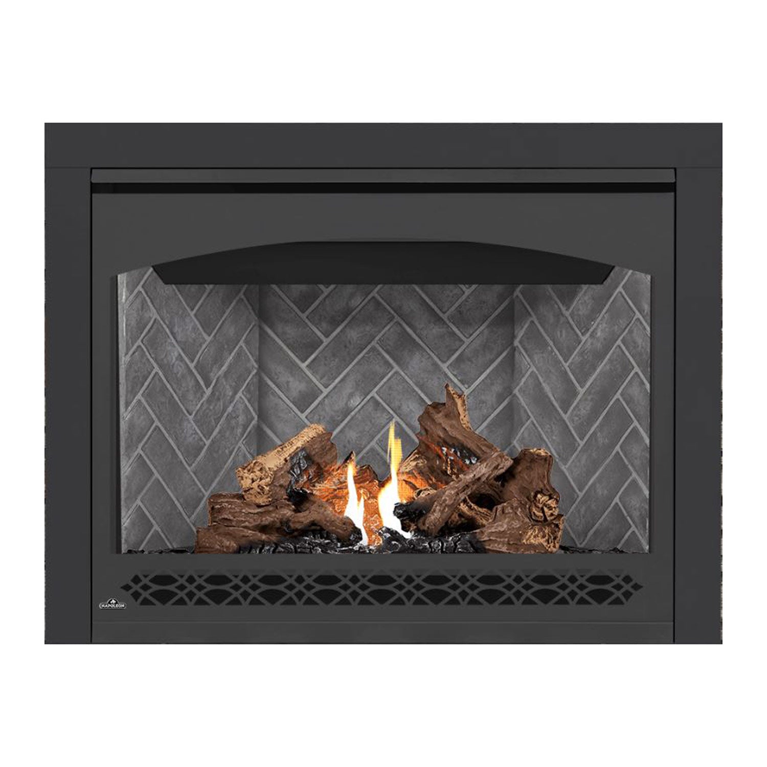Direct vent gas fireplace with dark front and gray stone back panel, burning logs