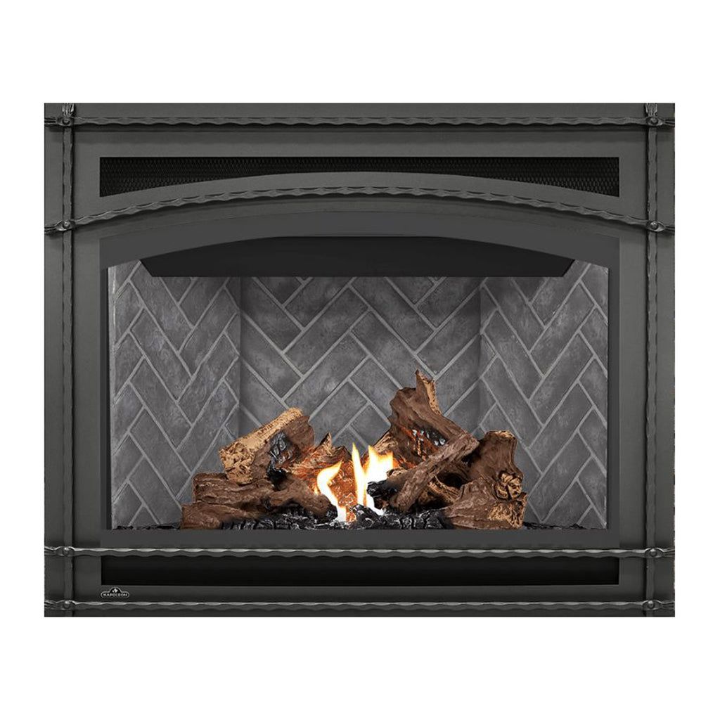 Direct vent gas fireplace with dark surround, flame and wood log set set into faux brick interior