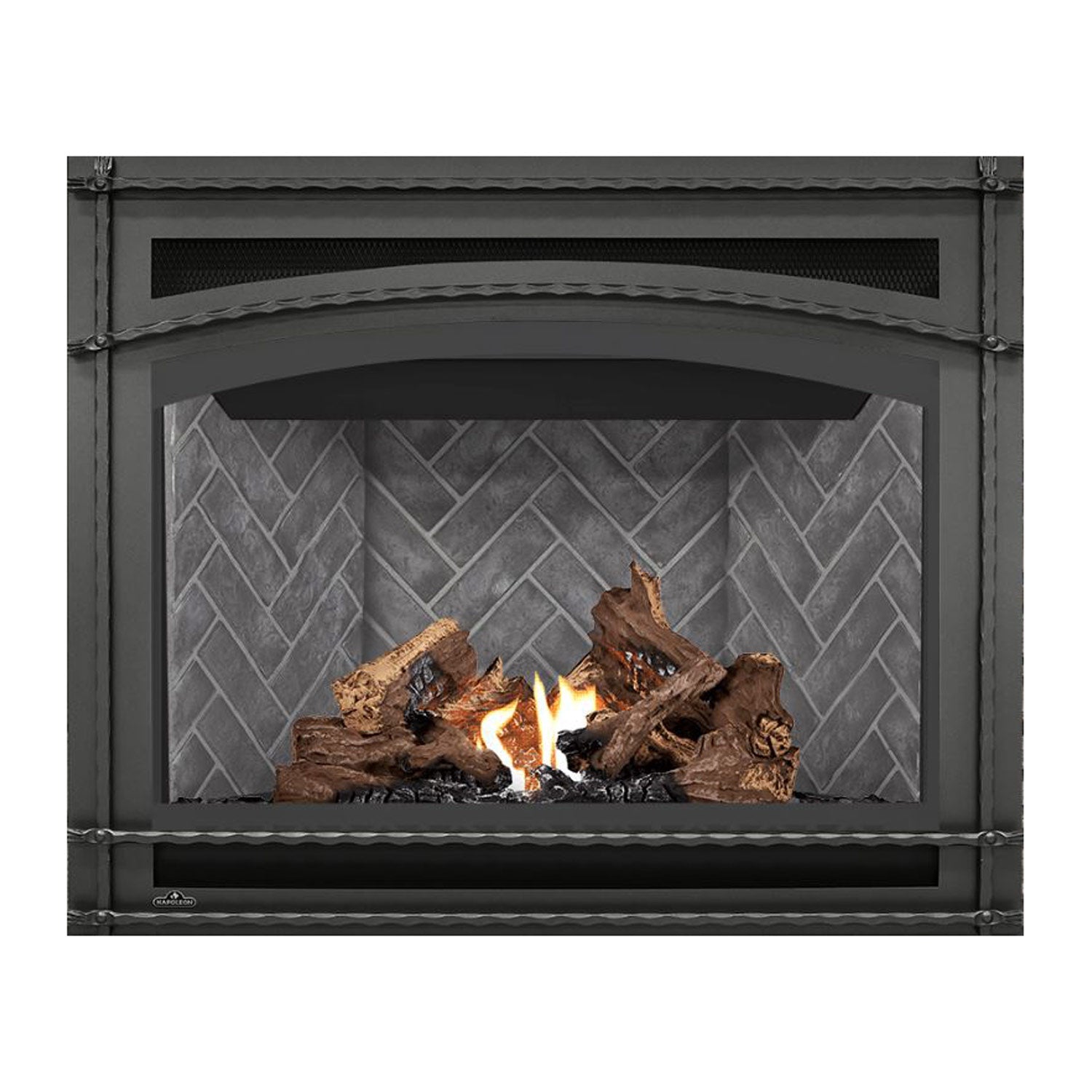 Direct vent gas fireplace with dark surround, flame and wood log set set into faux brick interior