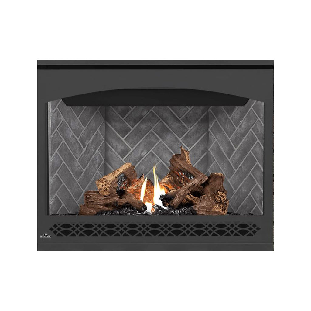 Direct vent gas fireplace with dark frame, glowing flames and gray brick back panel.