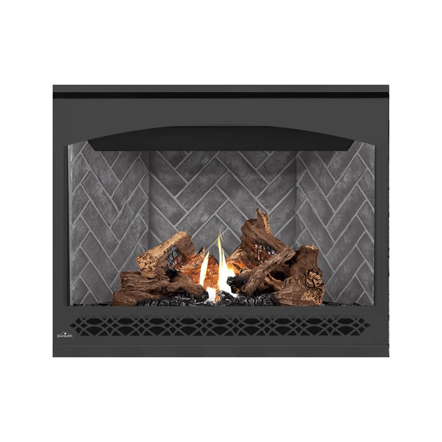 Direct vent gas fireplace with dark frame, glowing flames and gray brick back panel.