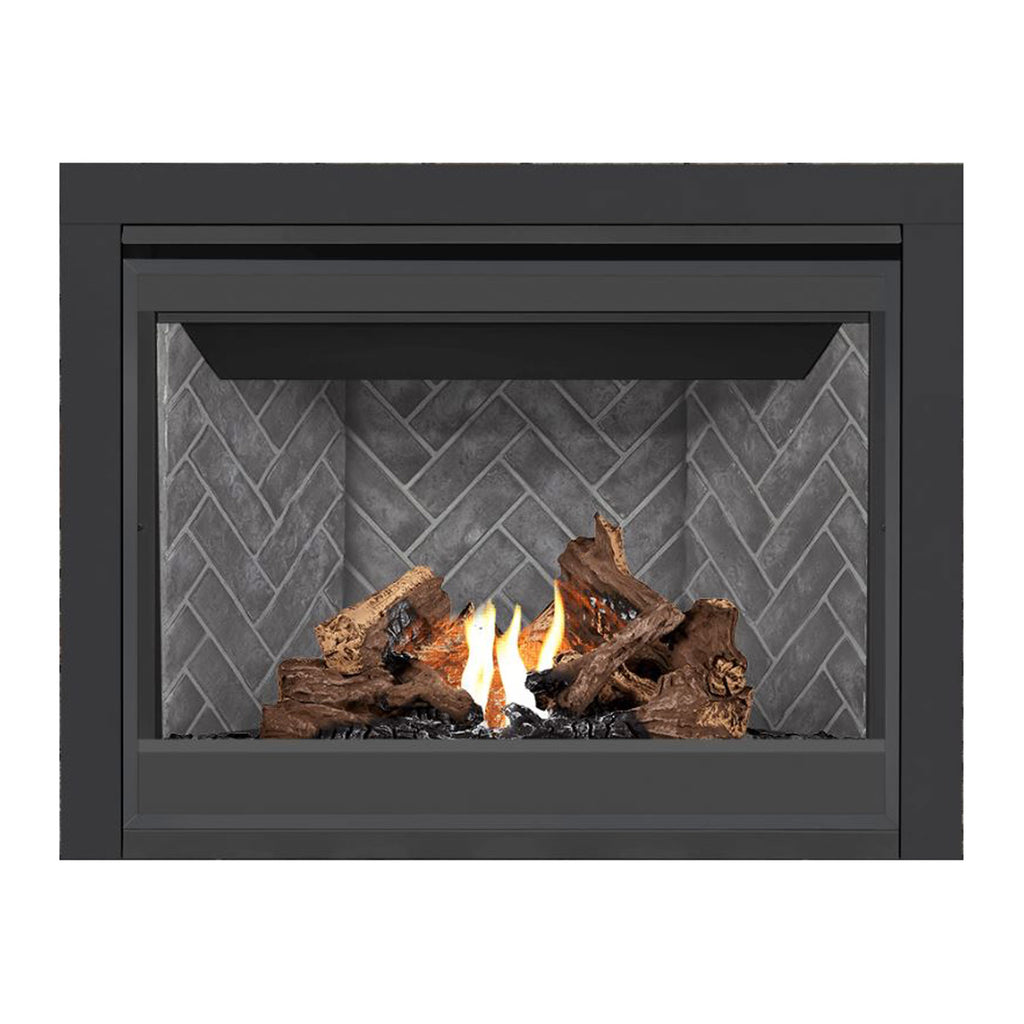 Black direct-vent gas fireplace with burning logs against a gray stone back panel