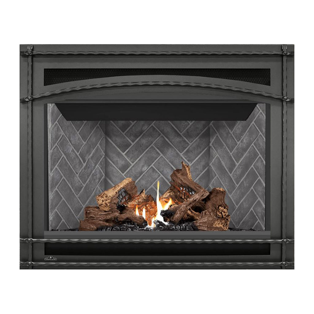 Black direct vent gas fireplace with glass front, burning flames and log set on gray backplate