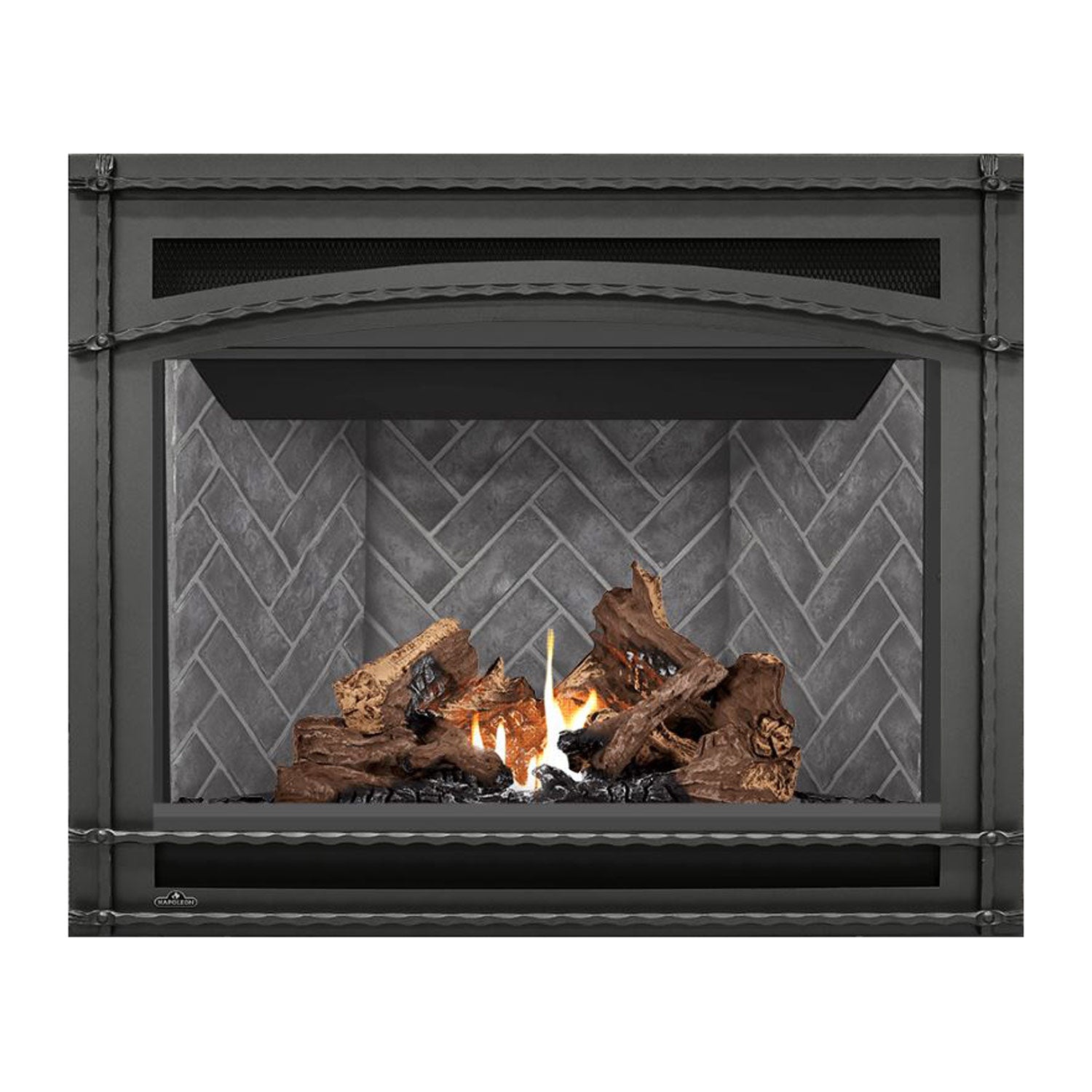 Black direct vent gas fireplace with glass front, burning flames and log set on gray backplate