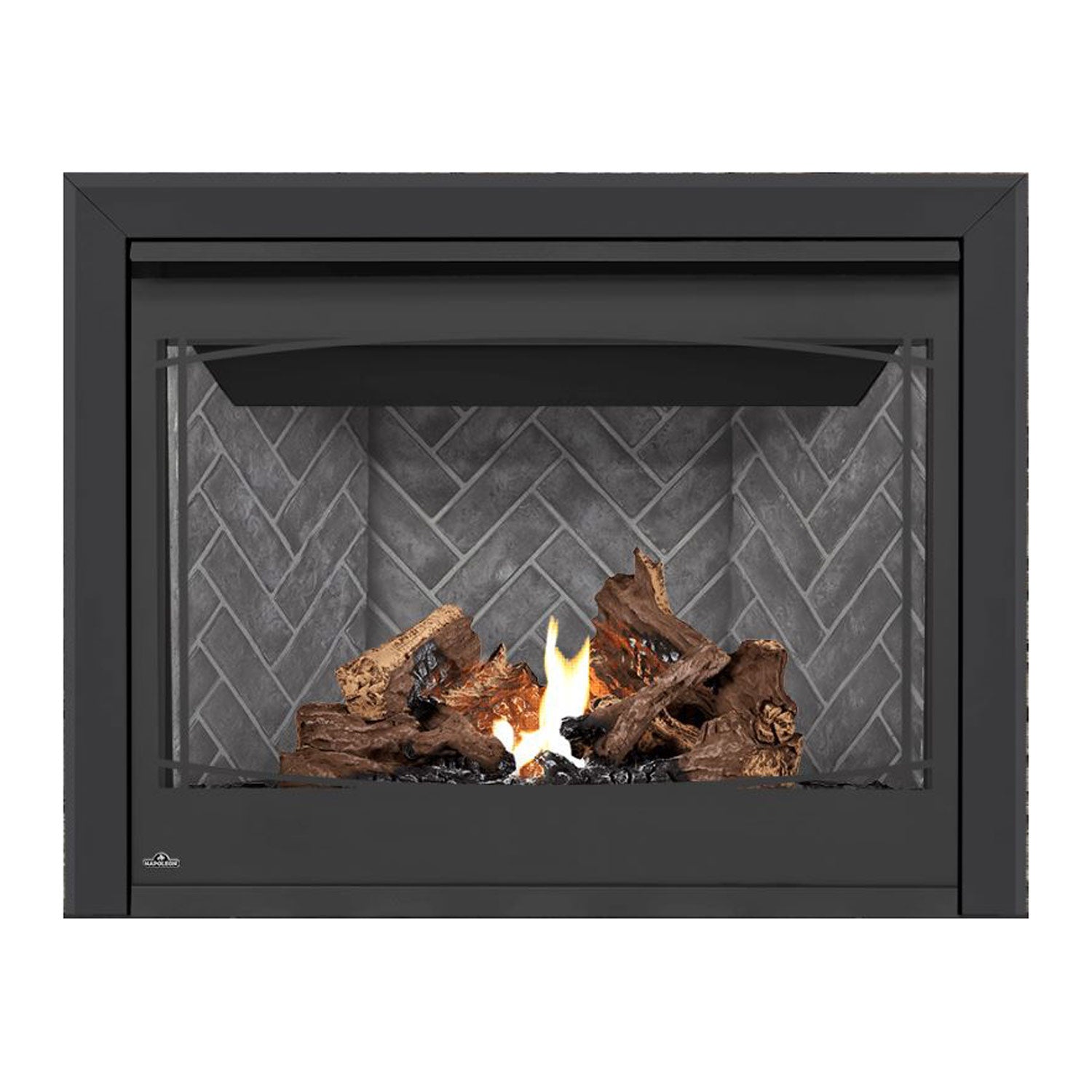 Direct vent gas fireplace with black surround, burning logs, and flames behind gray brick.