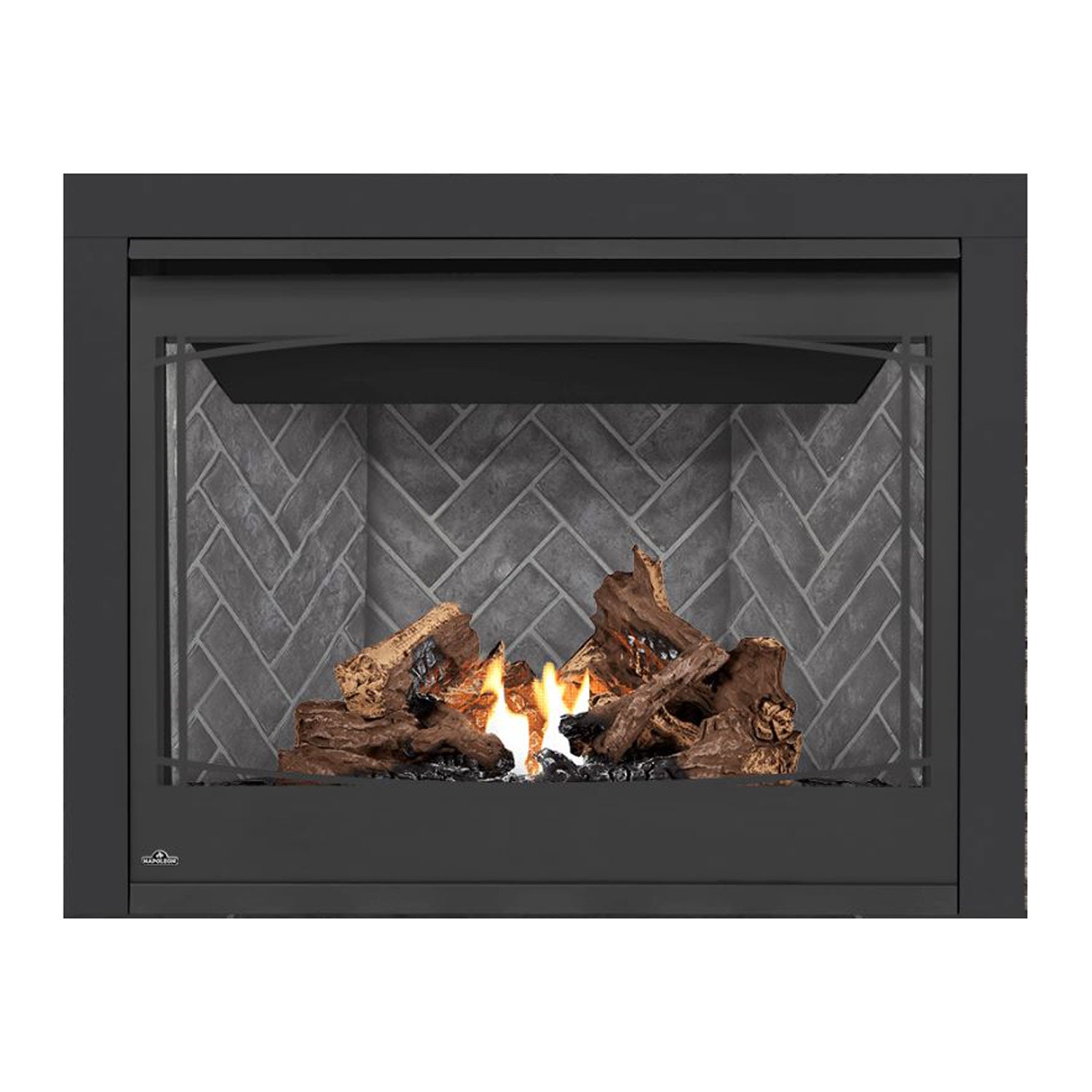 Direct vent gas fireplace with dark front and gray stone back, flames with stacked logs