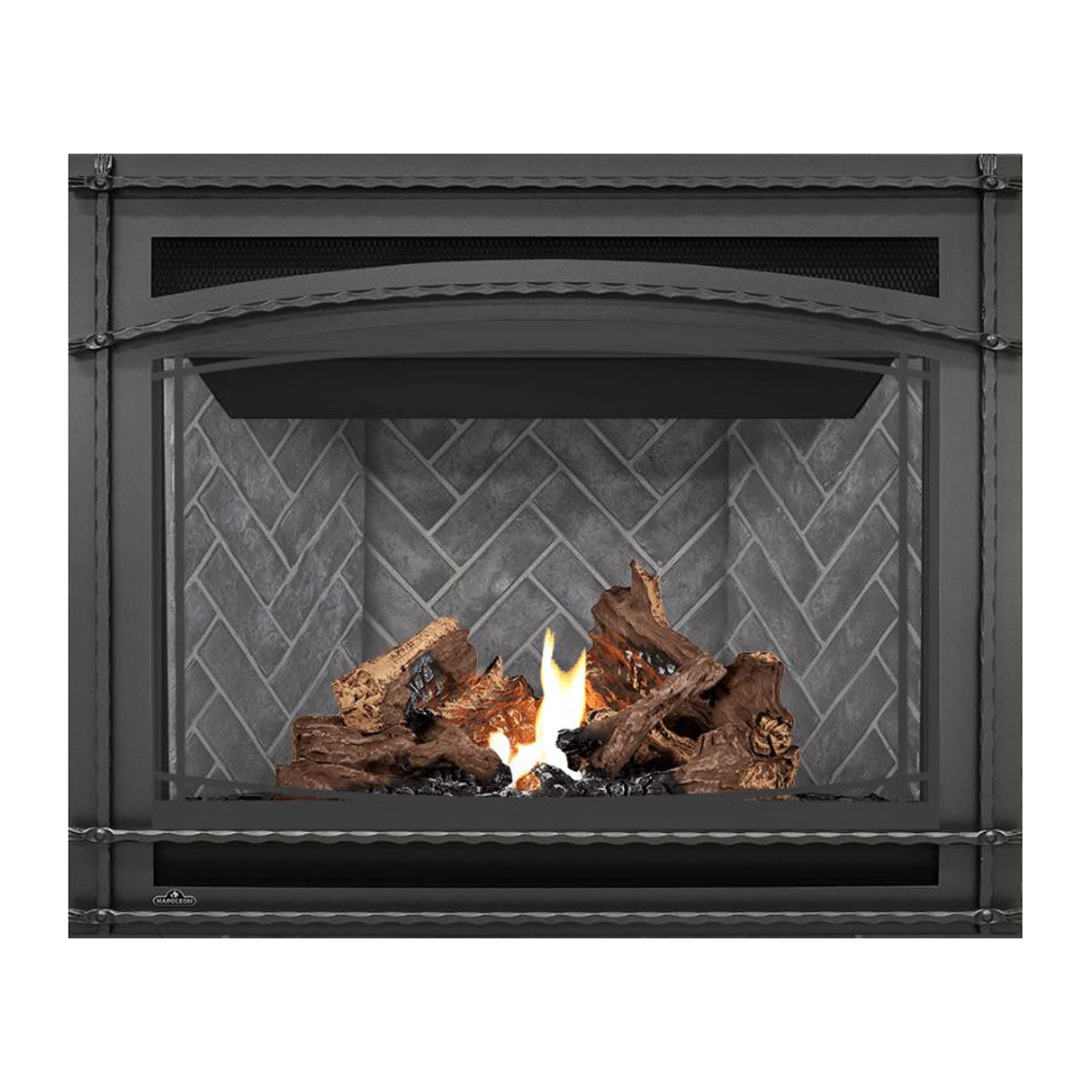 Direct vent gas fireplace with dark surround, burning flame and log set behind gray brick backdrop