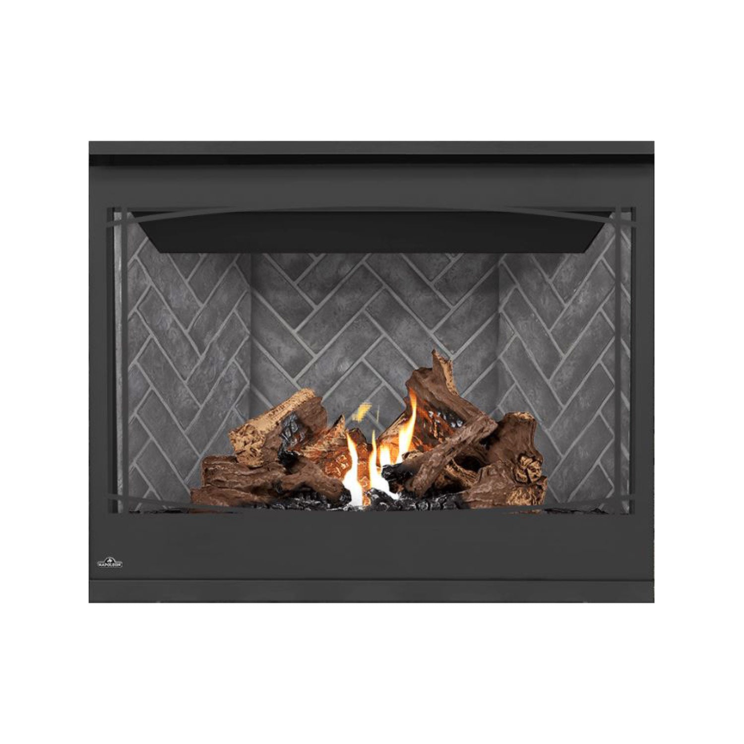 Black direct vent gas fireplace with glass front, flames and stacked logs on gray brick back