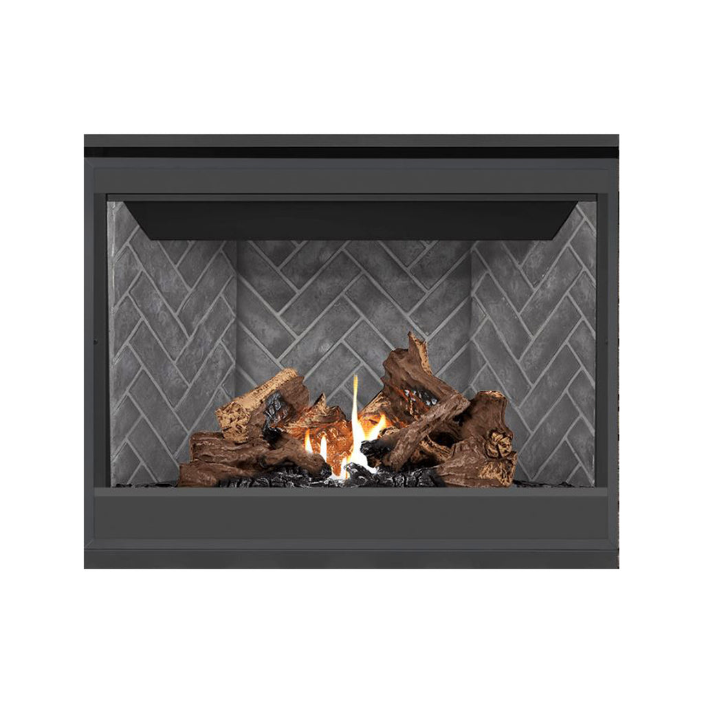 Direct vent gas fireplace with dark frame, gray stone interior, burning logs and flames