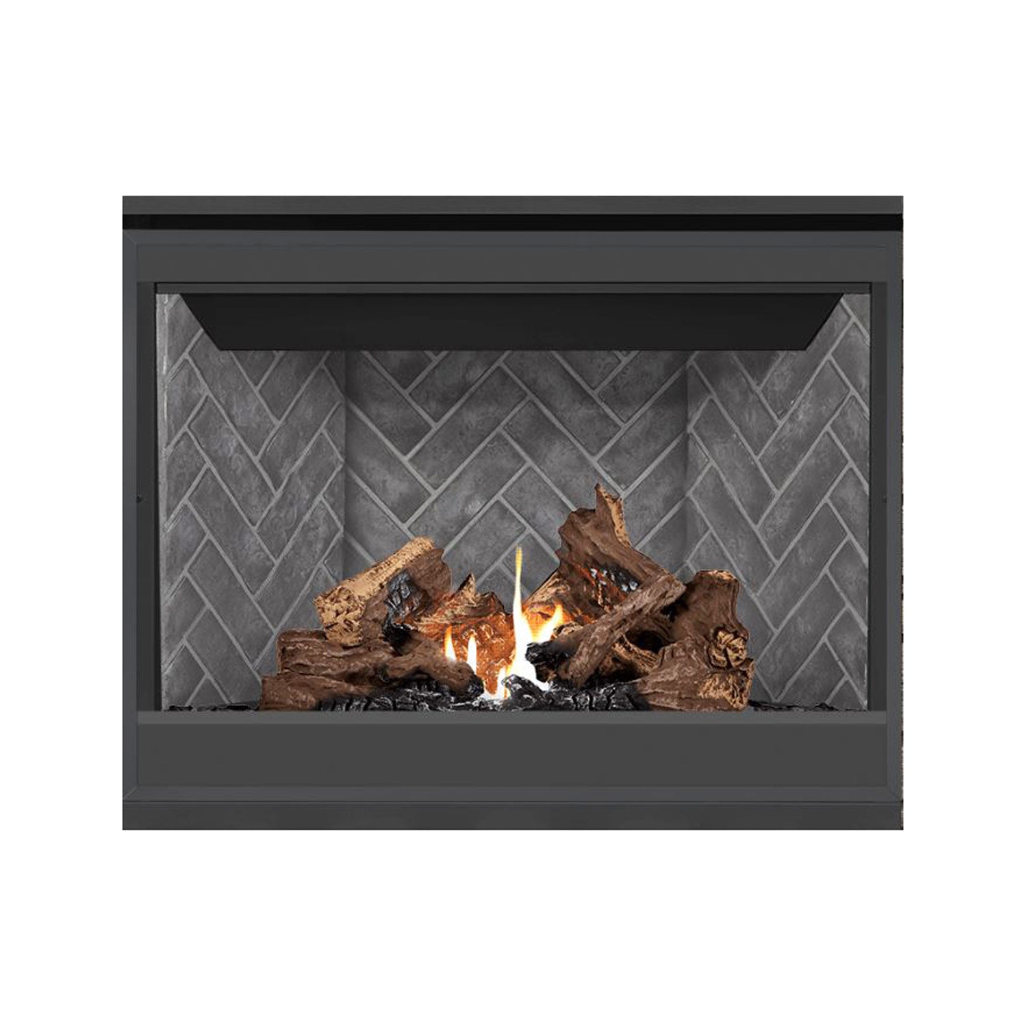 Direct vent gas fireplace with dark frame, gray stone interior, burning logs and flames