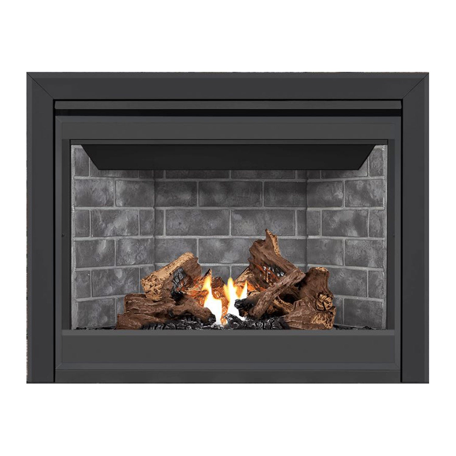 Direct vent gas fireplace with dark frame, glowing flames and light gray brick back panel.