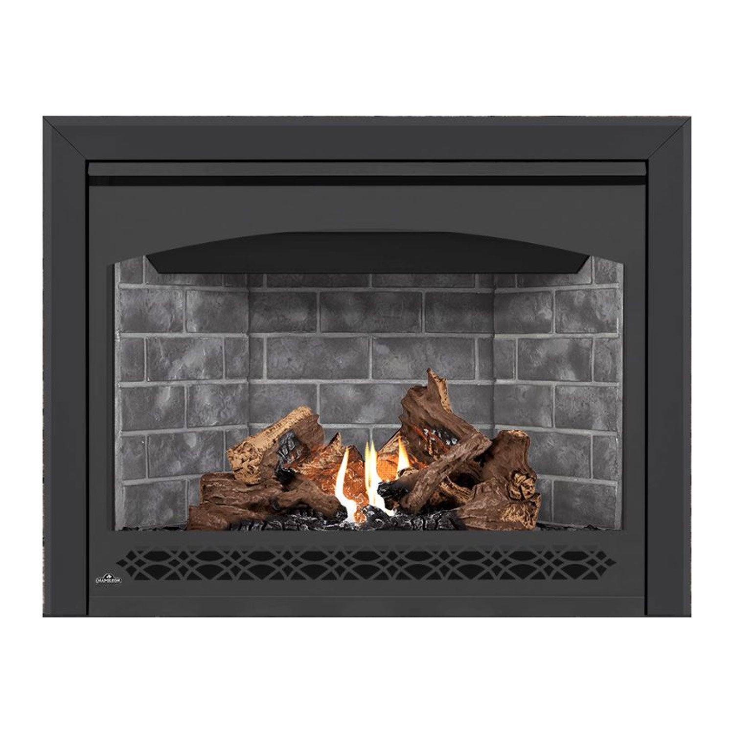 Direct vent gas fireplace with black surround, burning logs, and flames behind gray brick.