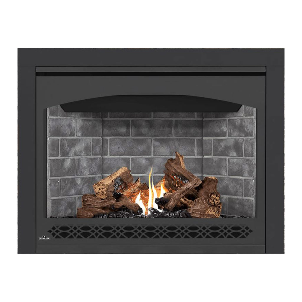 Direct vent gas fireplace with dark front, gray stone interior backing, burning logs