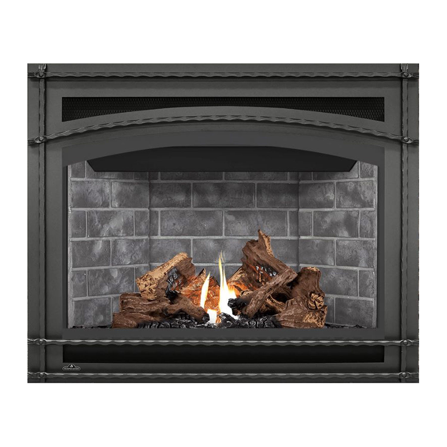 Direct vent gas fireplace with dark surround, flames over log set, set against gray brick wall