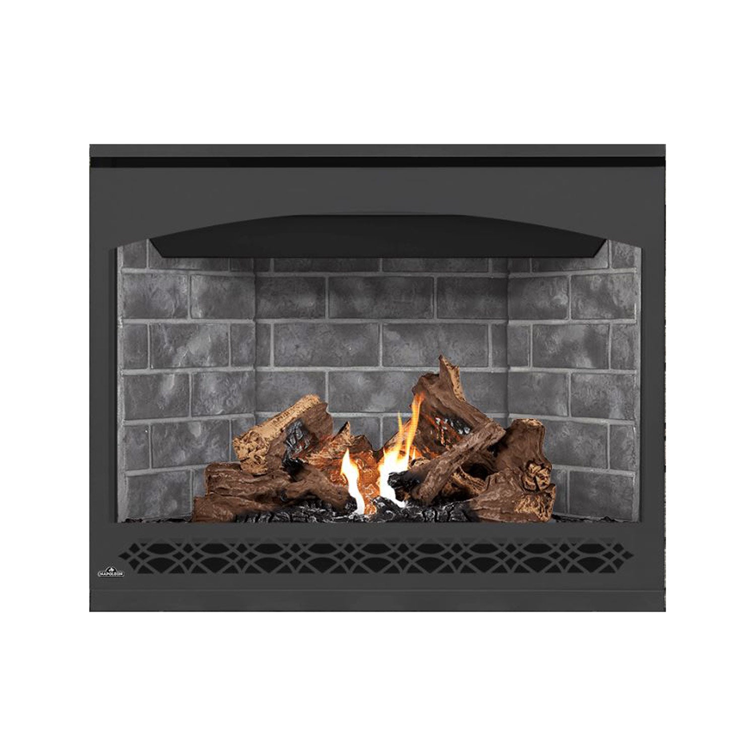 Direct vent gas fireplace with dark frame, glowing flames and light gray brick back panel.