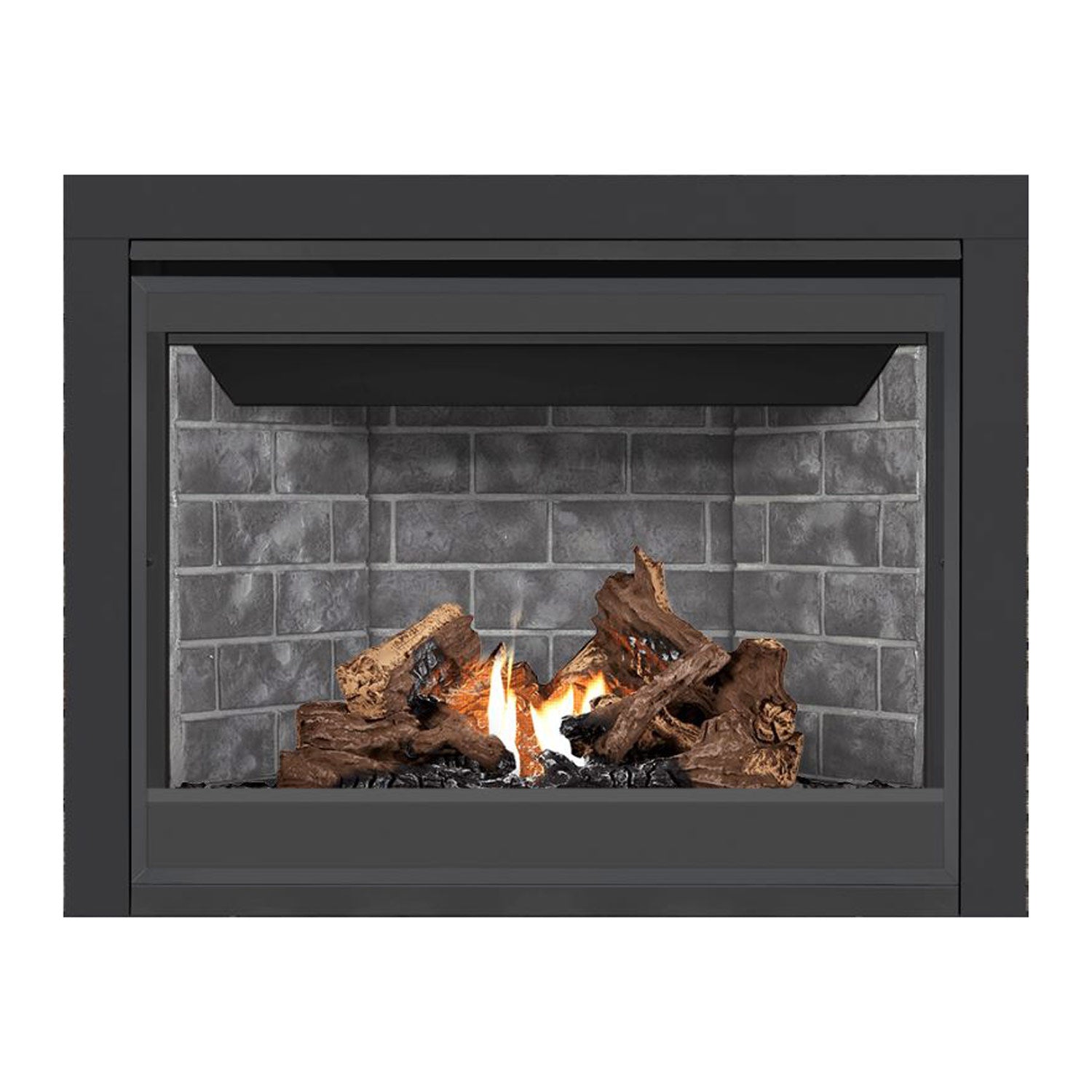 Black direct-vent gas fireplace with burning logs against a light gray brick back panel