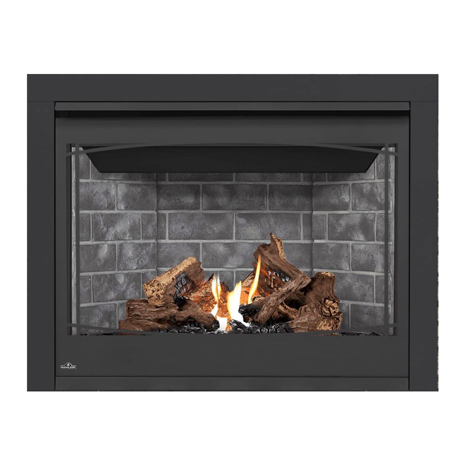 Direct vent gas fireplace with dark front and gray stone back panel, flame and logs