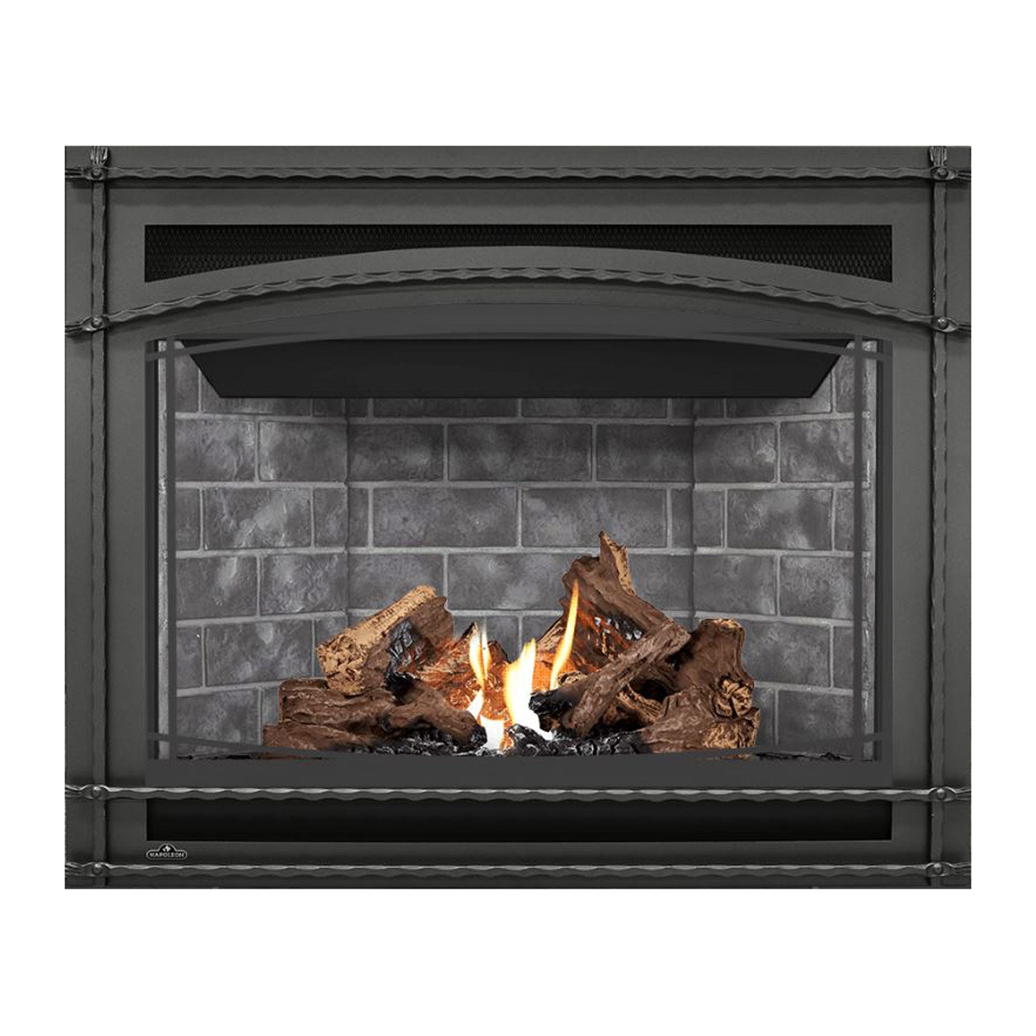 Direct vent gas fireplace with dark surround, bright flame and stacked log set in gray brick interior