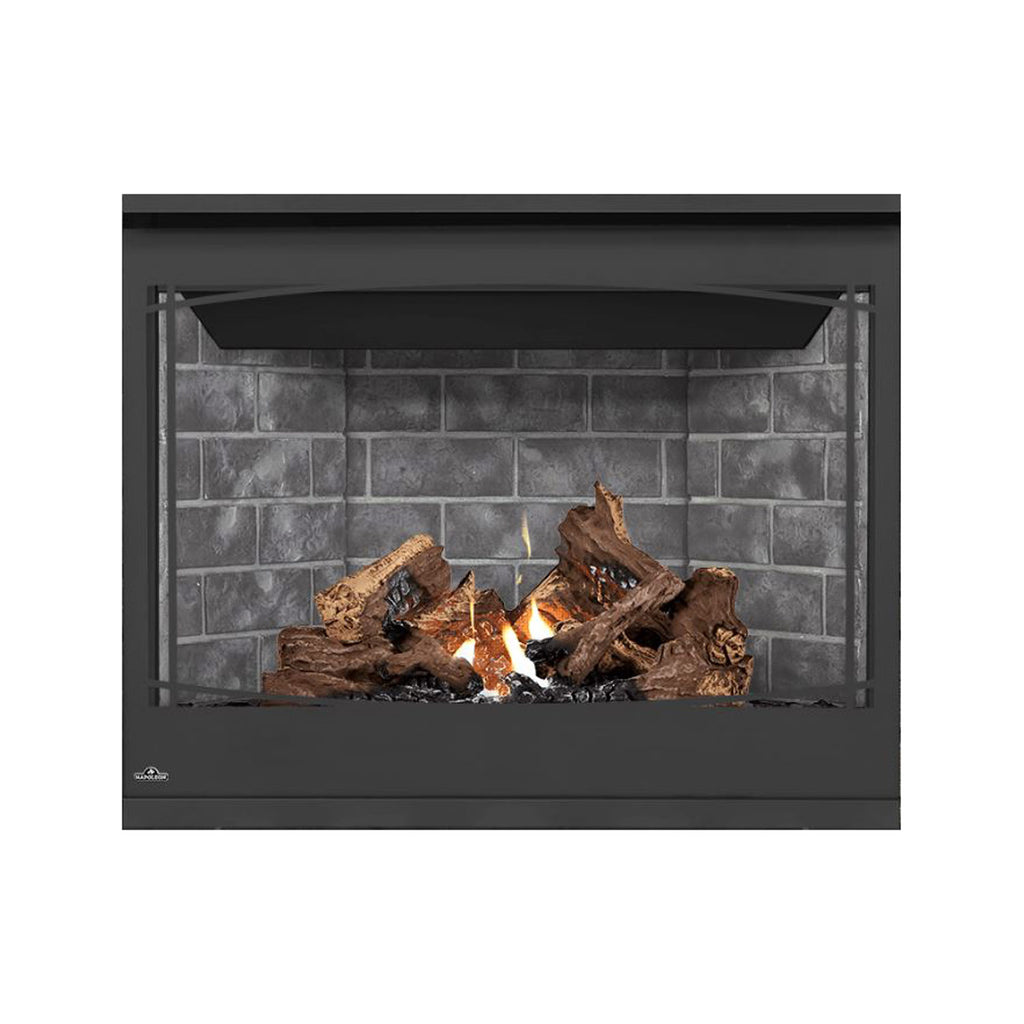 Black direct vent gas fireplace with glass front, burning logs and flames on stone-pattern back