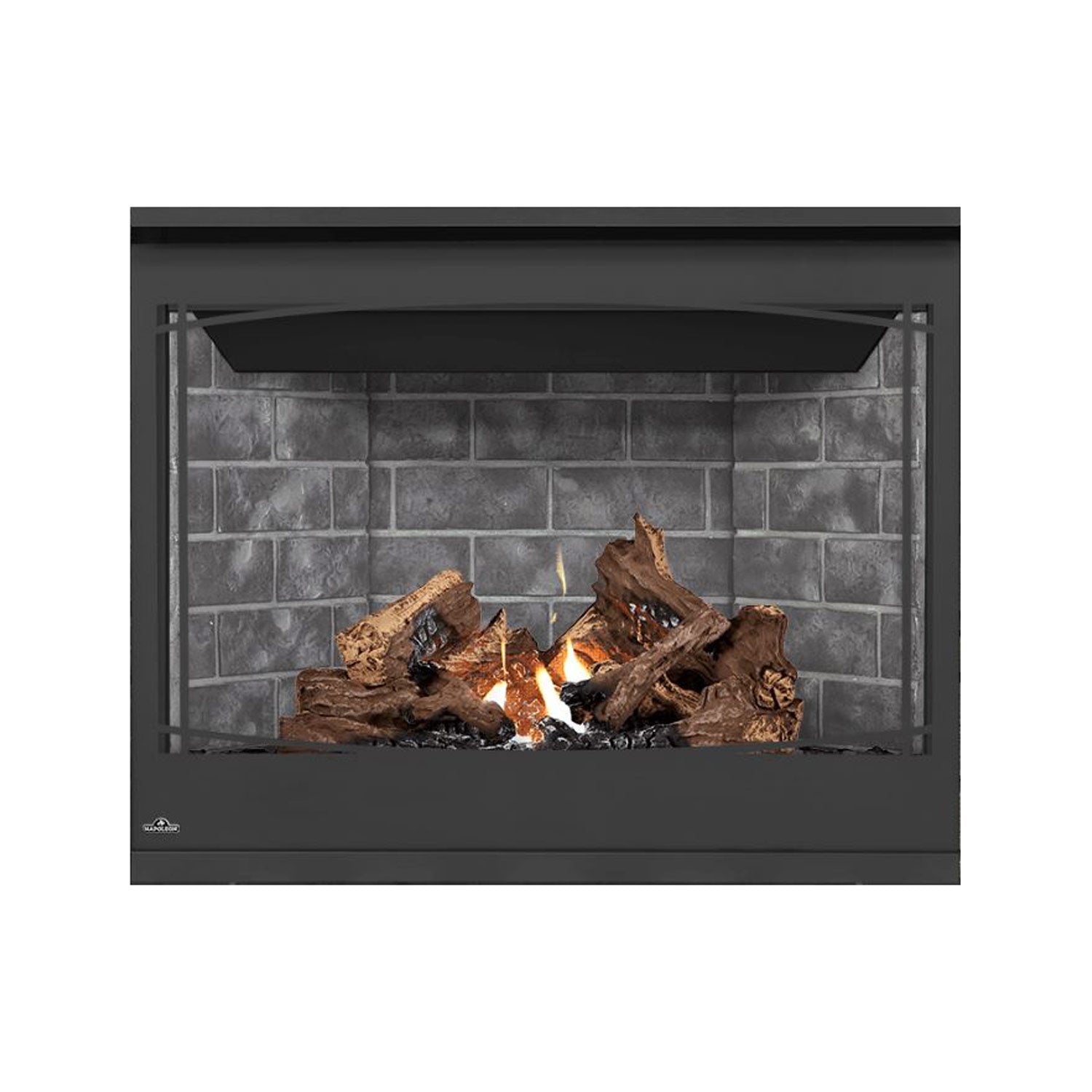 Black direct vent gas fireplace with glass front, burning logs and flames on stone-pattern back
