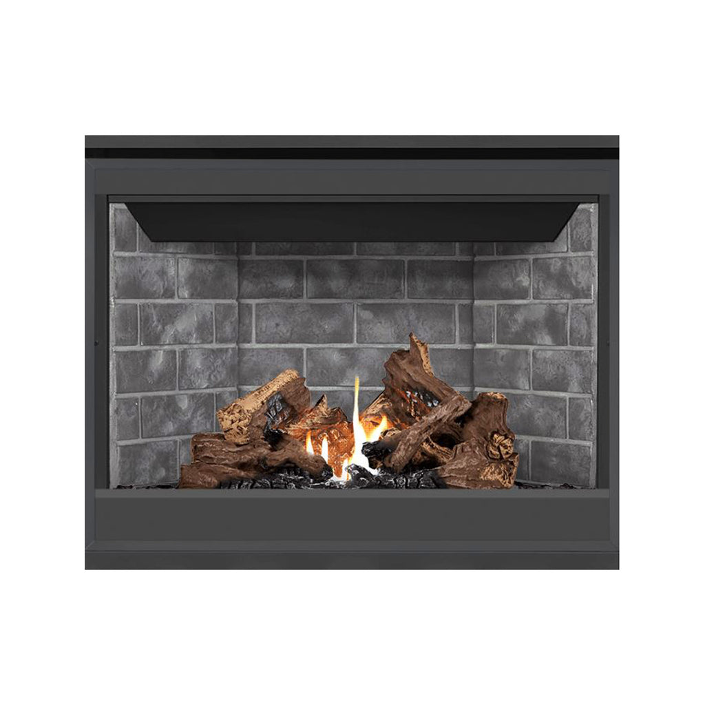 Direct vent gas fireplace with dark frame, gray brick interior, burning logs and flames