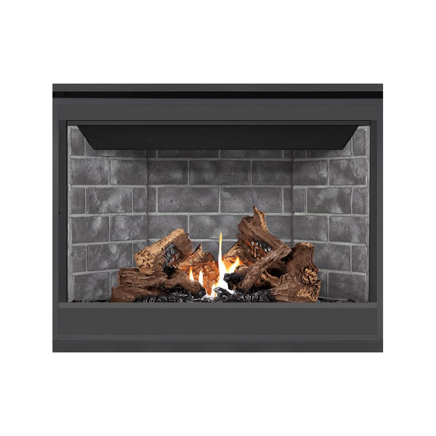 Direct vent gas fireplace with dark frame, gray brick interior, burning logs and flames