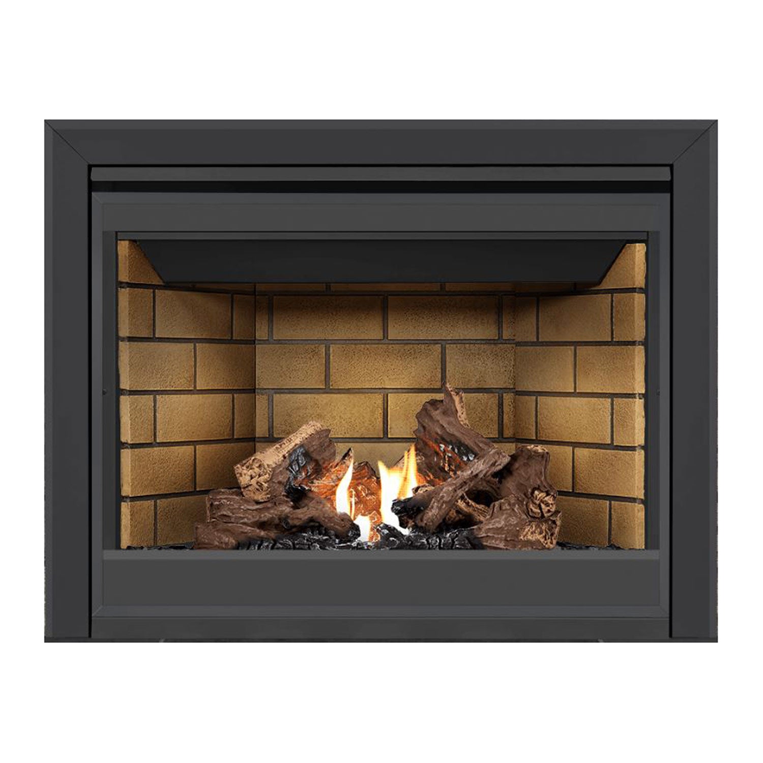 Direct vent gas fireplace with dark frame, glowing flames and tan brick back panel.