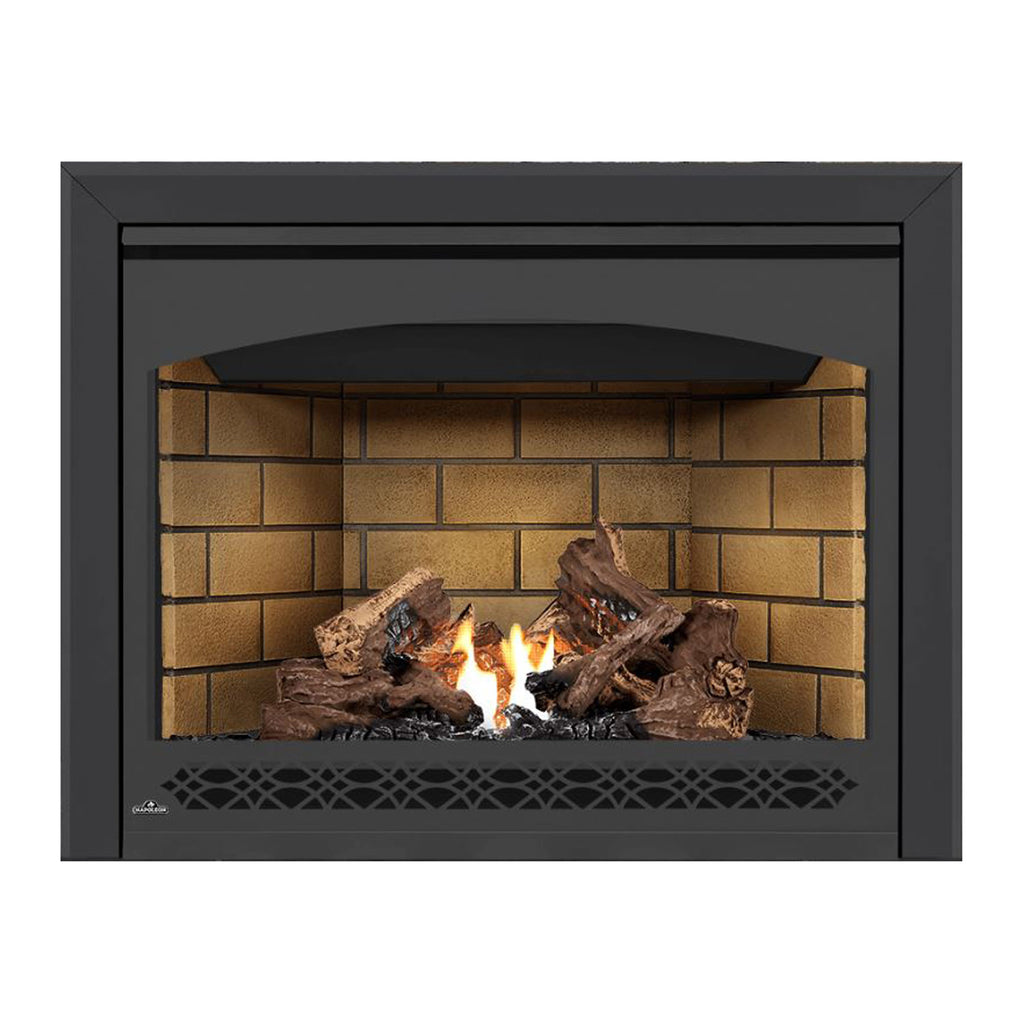 Direct vent gas fireplace with dark surround and brick back panel behind burning flames