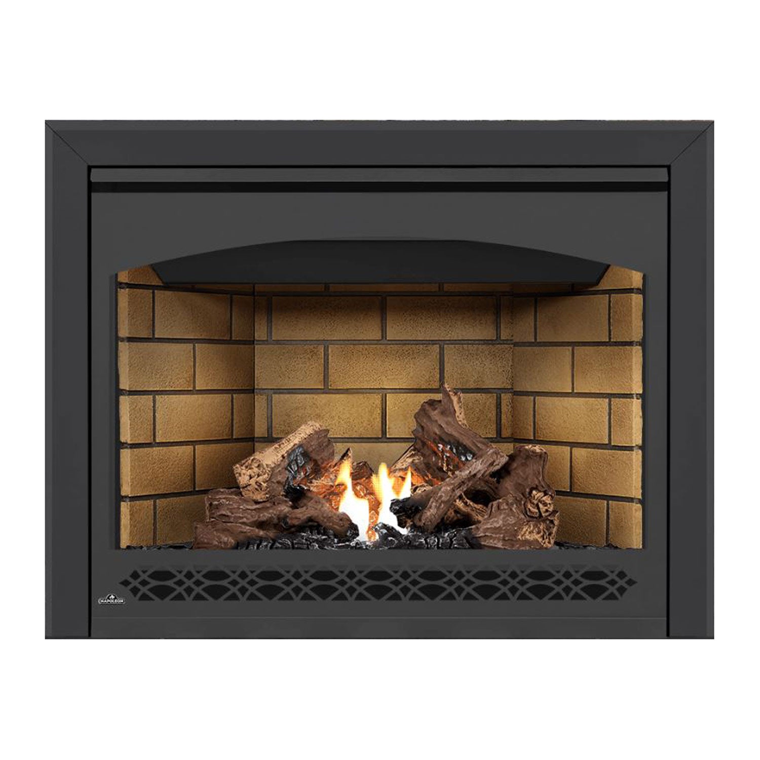 Direct vent gas fireplace with dark surround and brick back panel behind burning flames