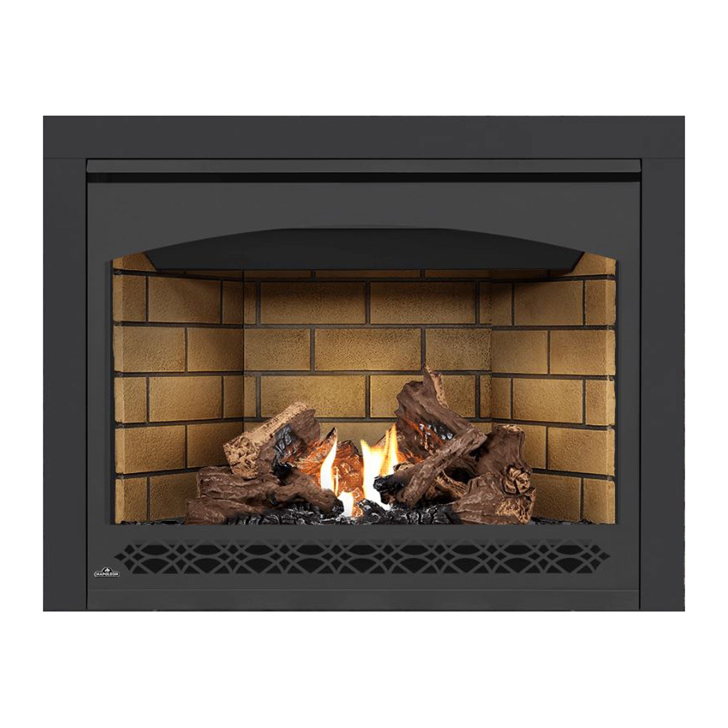 Direct vent gas fireplace with black surround, burning logs, and flames behind tan brick.