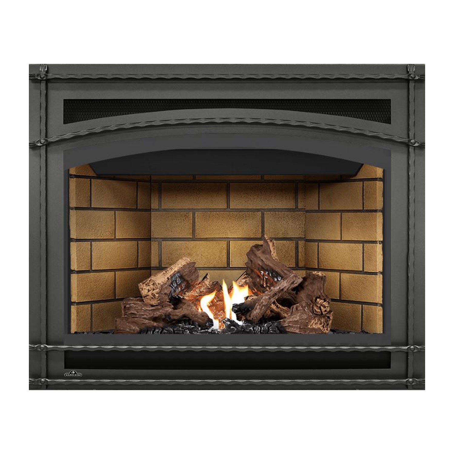 Direct vent gas fireplace with dark front, tan brick interior backing, burning logs