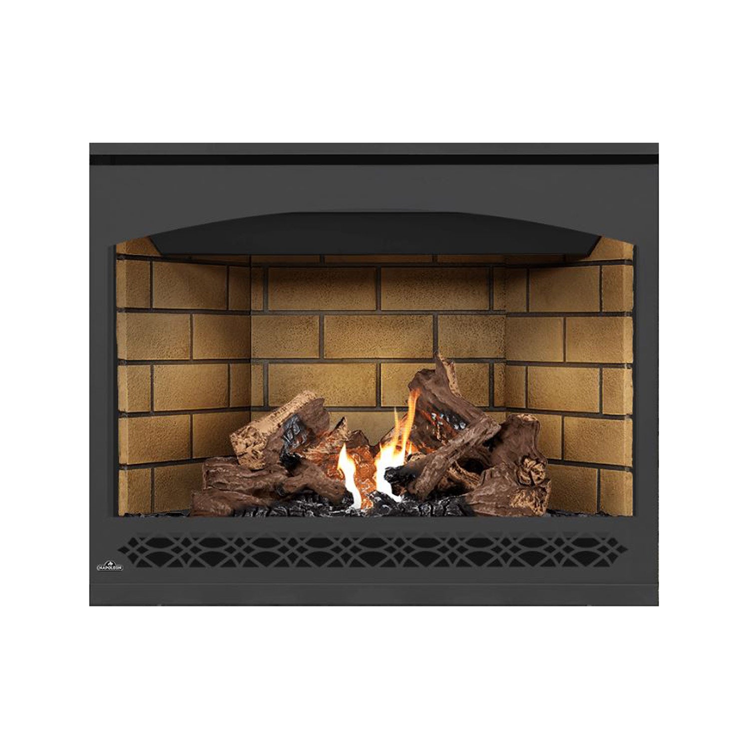 Direct vent gas fireplace with dark frame, glowing flames and tan brick back panel.