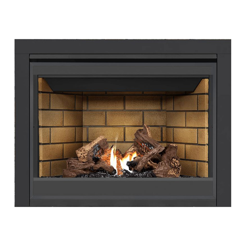 Black direct-vent gas fireplace with burning logs against a brick back panel