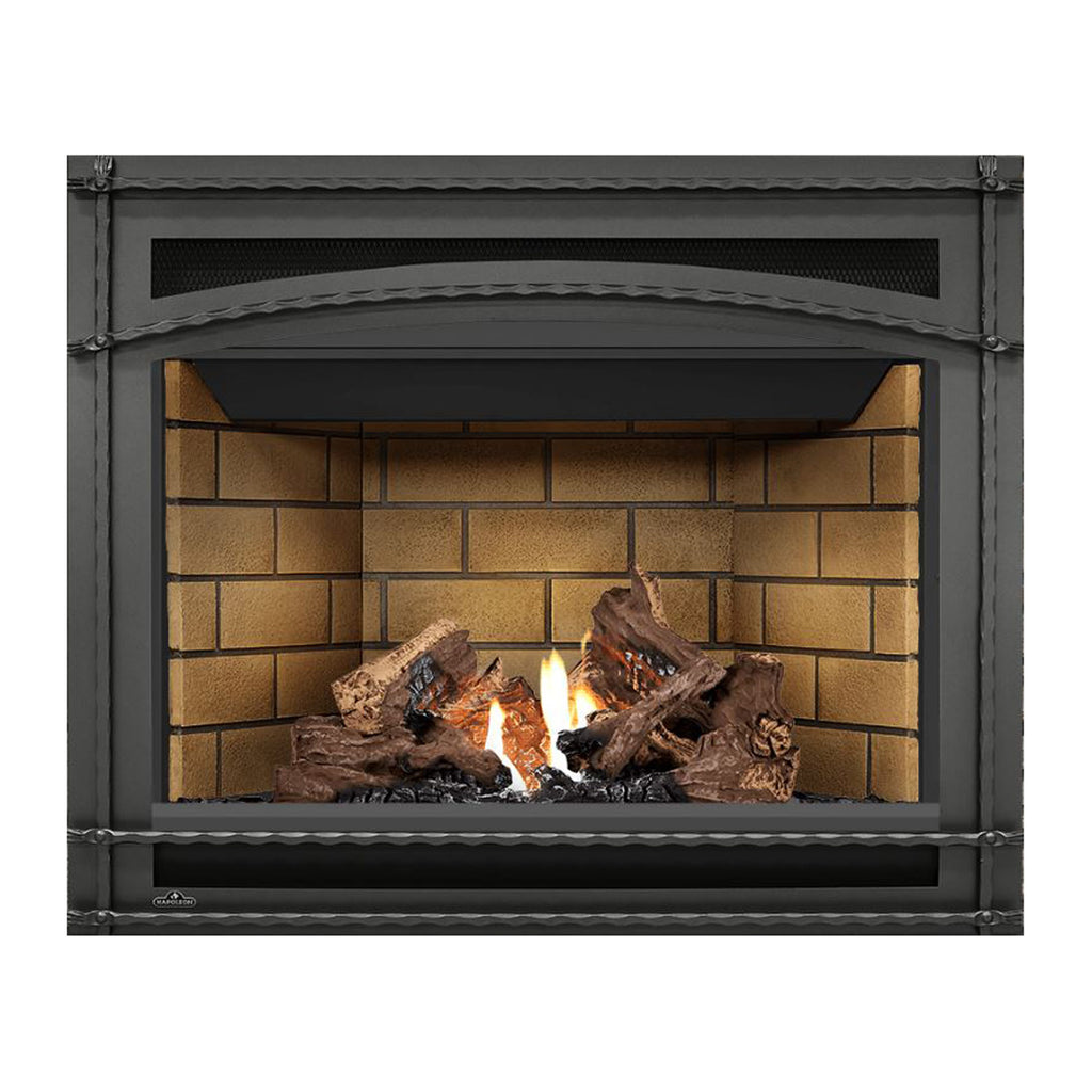 Black direct-vent gas fireplace with burning logs against a brick back panel