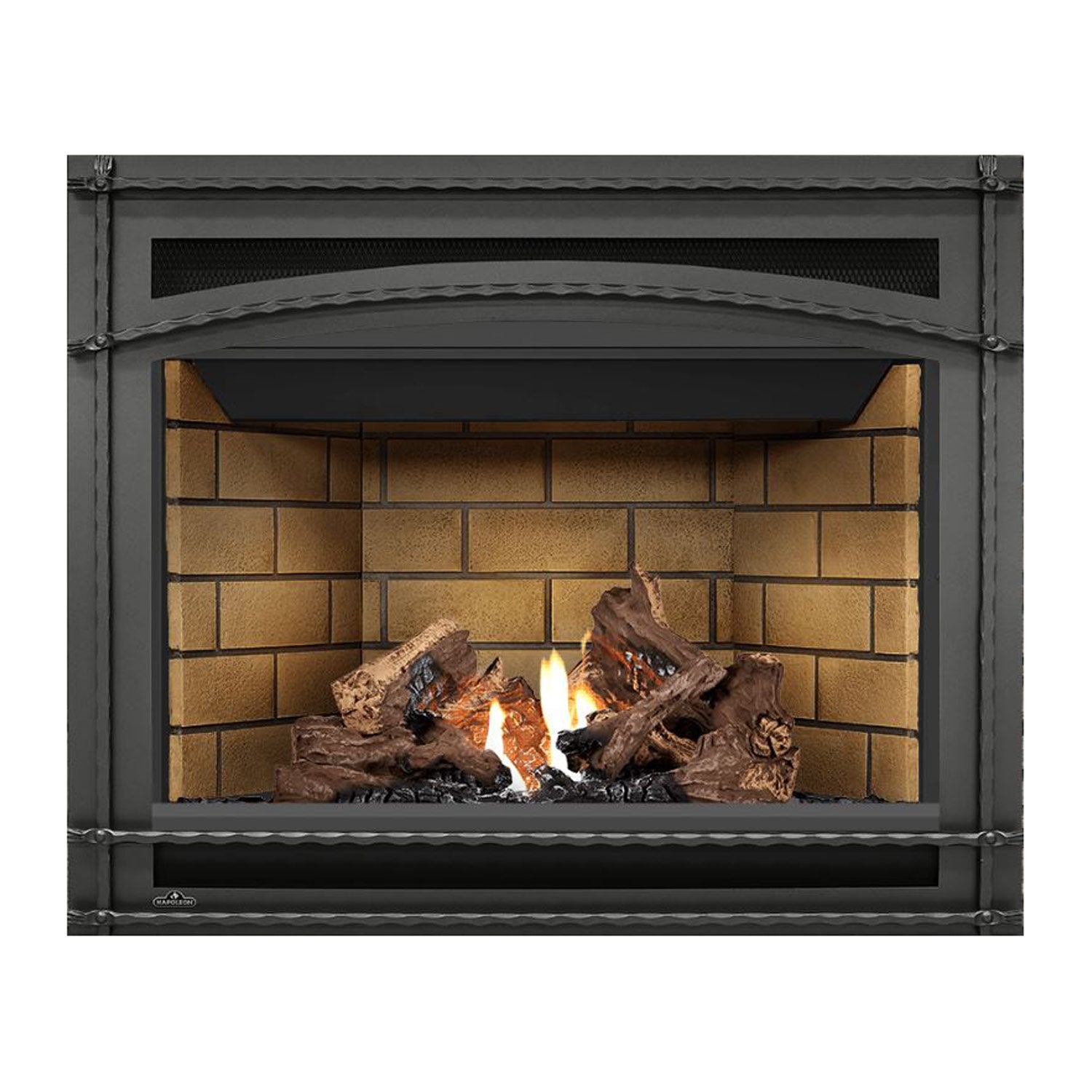 Black direct-vent gas fireplace with burning logs against a brick back panel