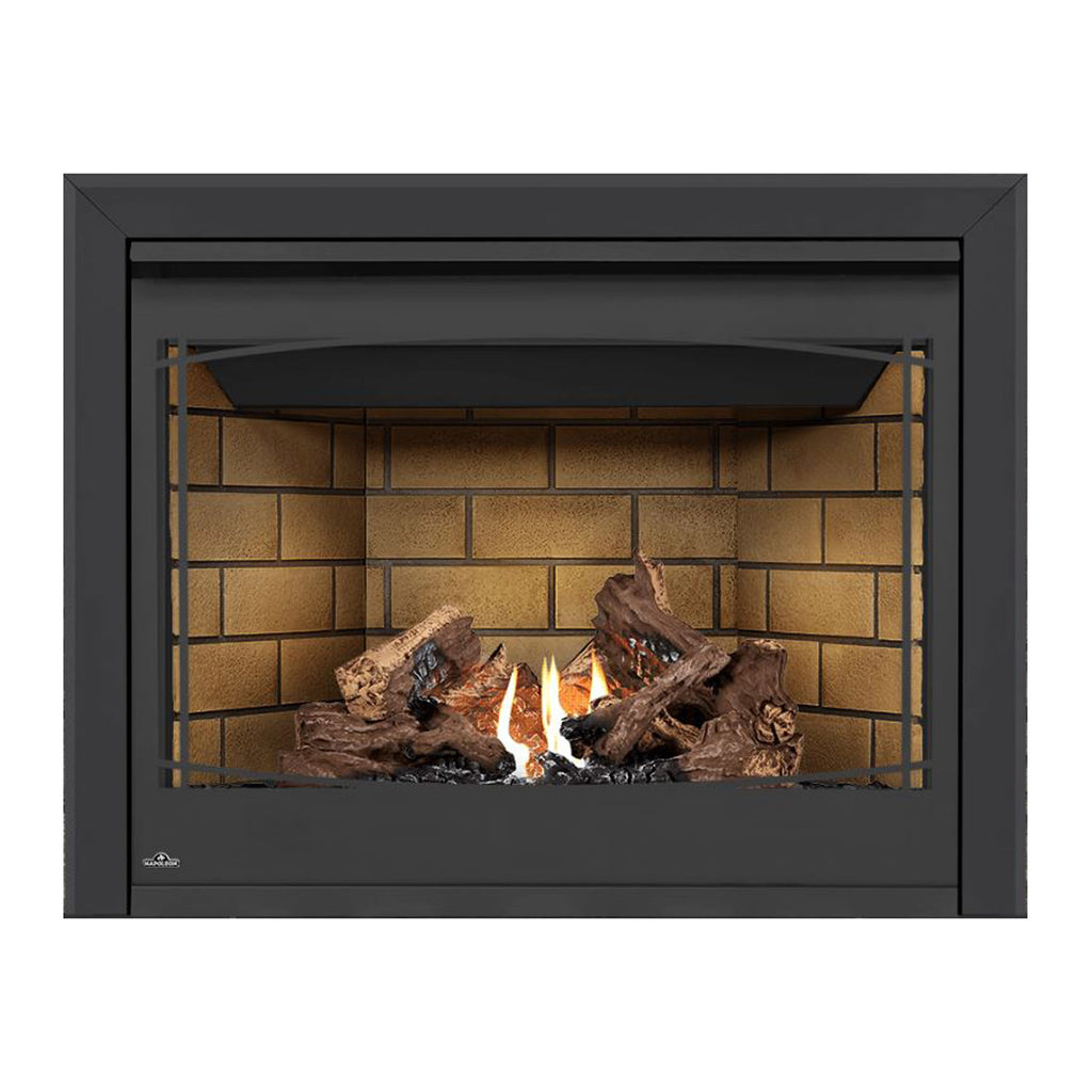 Direct vent gas fireplace with black surround, burning logs, and flames behind tan brick.