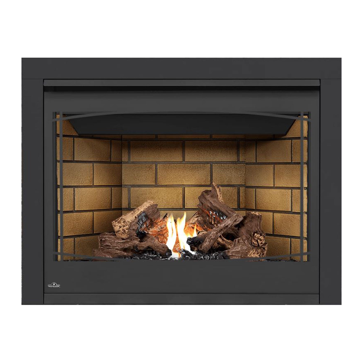 Direct vent gas fireplace with dark front and brick interior backing, flames and logs