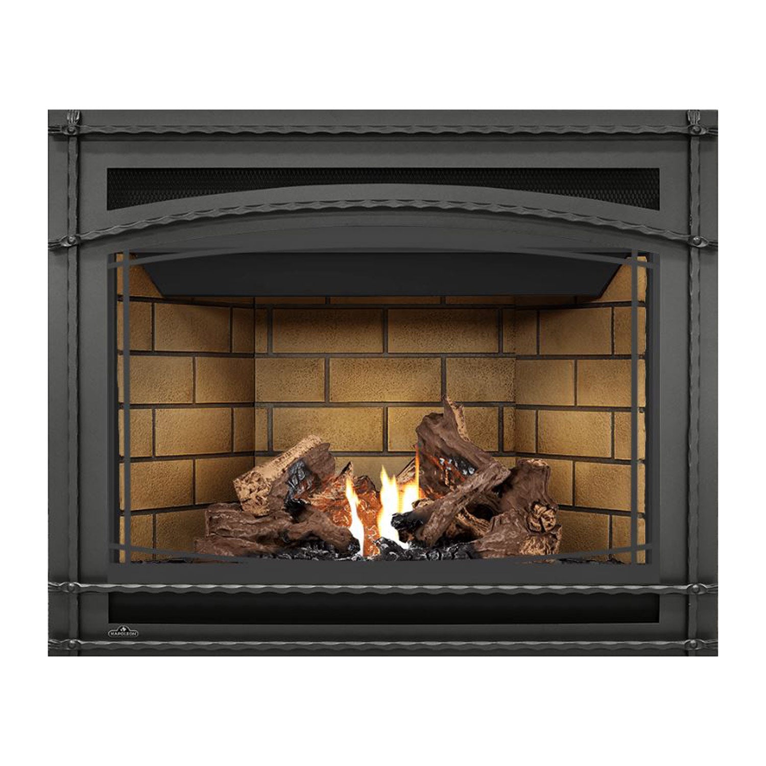 Direct vent gas fireplace with dark surround, glowing flame, and log set against brick backing