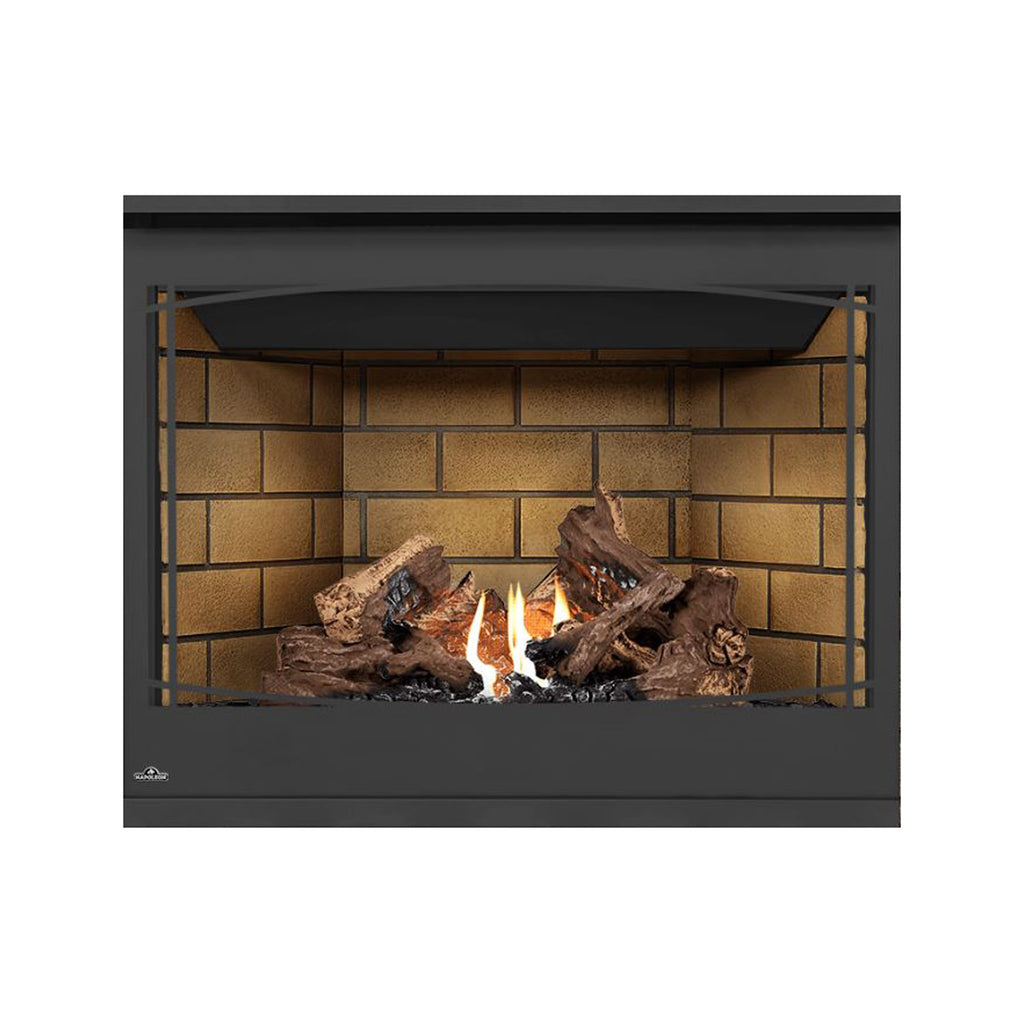 Black direct vent gas fireplace with glass front, glowing flames with log set on stone back