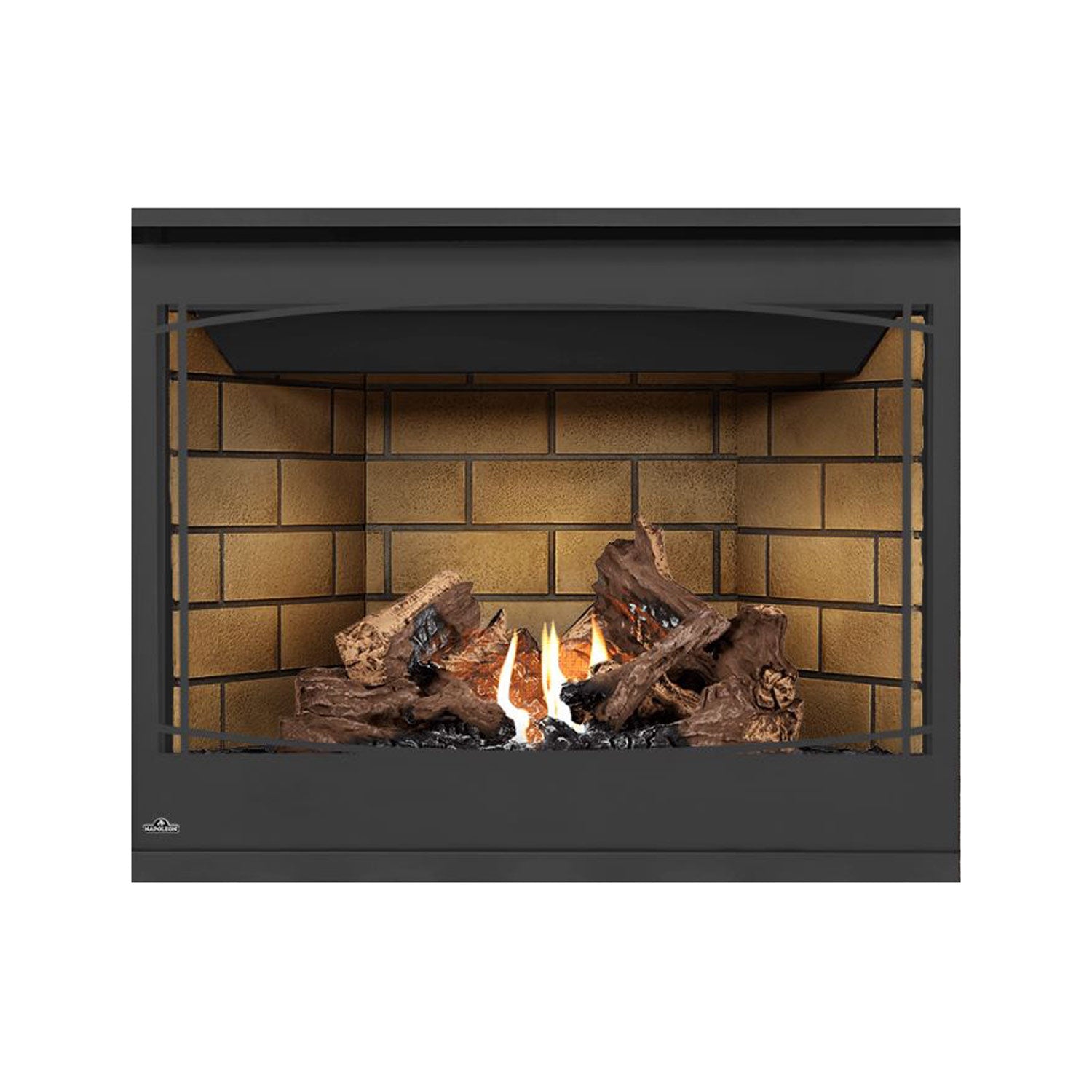 Black direct vent gas fireplace with glass front, glowing flames with log set on stone back