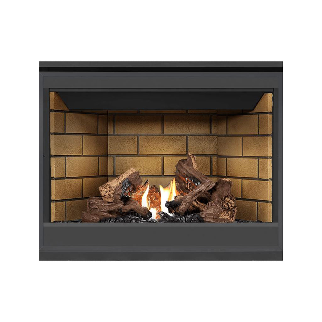 Direct vent gas fireplace with dark frame, tan brick interior, burning logs and flames