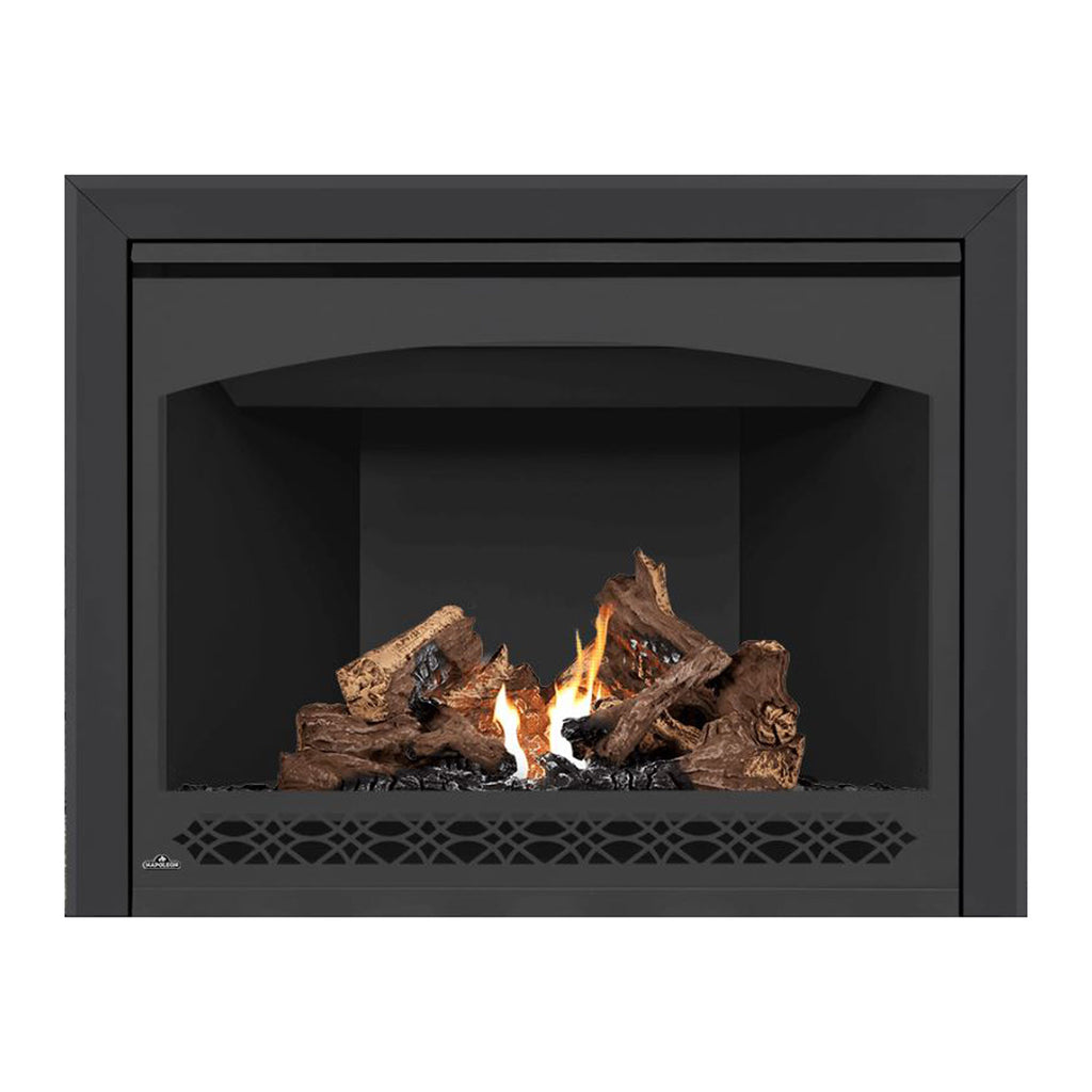 Direct vent gas fireplace with black interior, glowing flame, and log set behind a vent grille