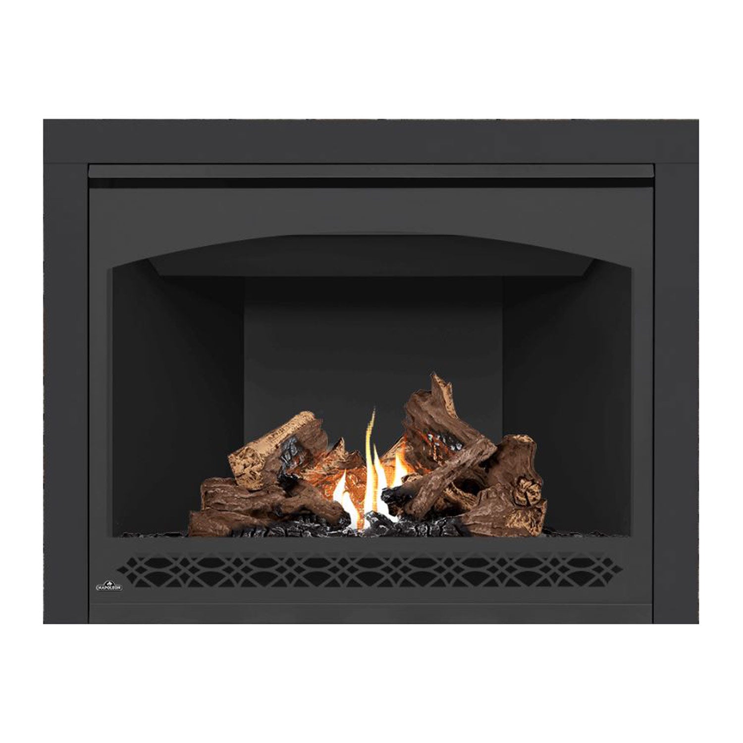 Direct vent gas fireplace with dark frame, glowing flames and black firebox interior.
