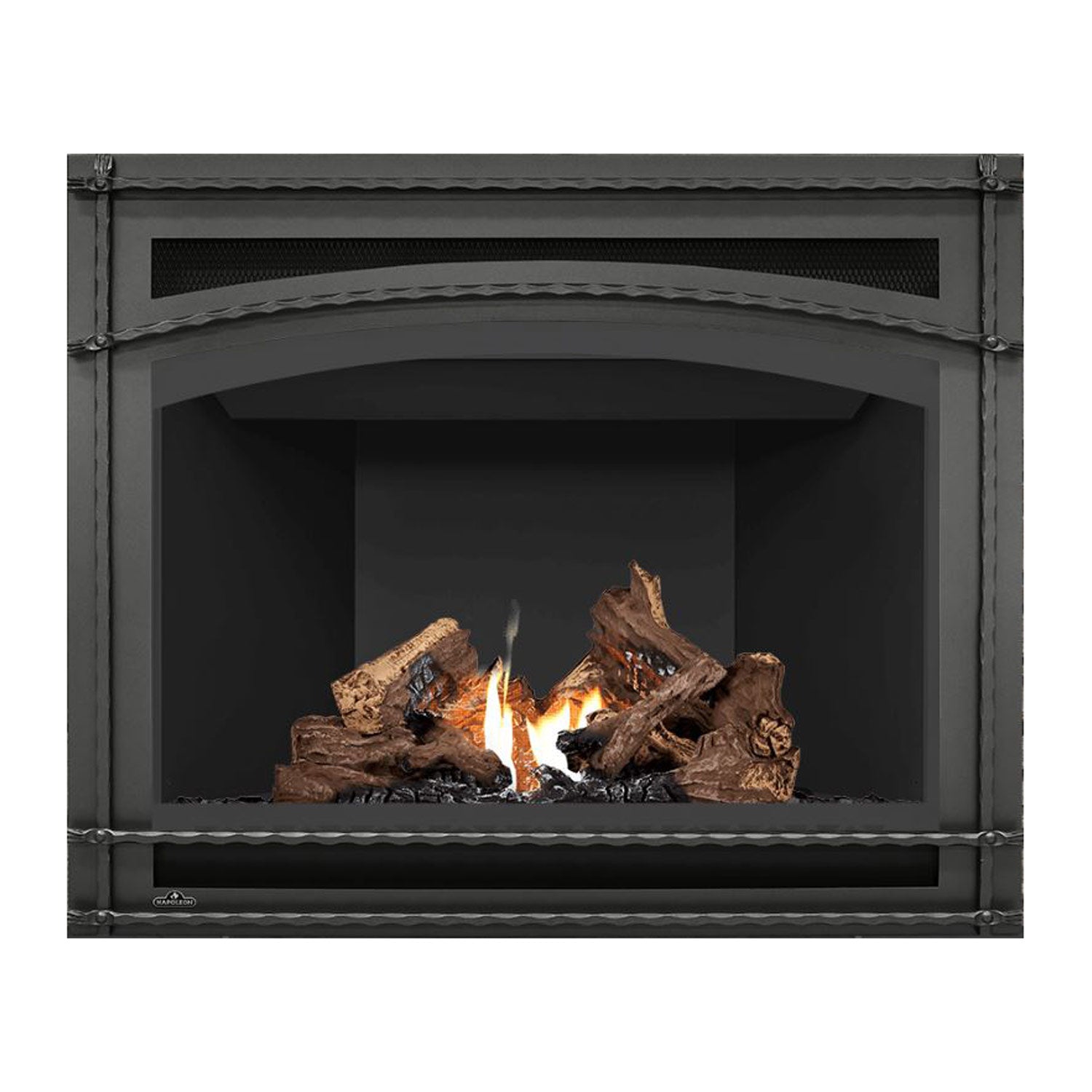 Black direct-vent gas fireplace with burning logs and flames in the firebox opening