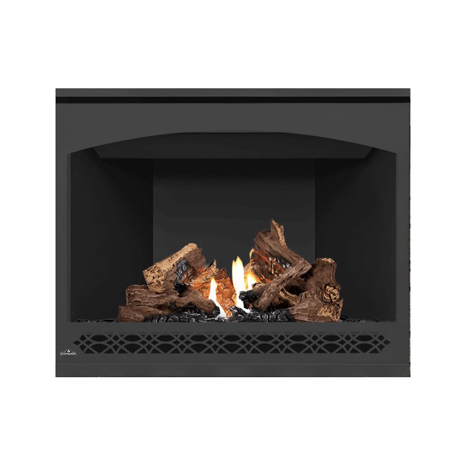 Direct vent gas fireplace with dark metal frame, firebox view of burning logs and flames