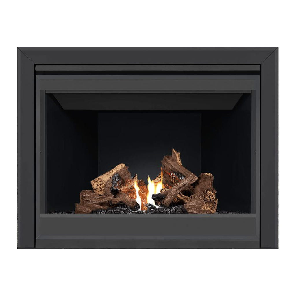 Direct vent gas fireplace with dark surround, visible flame, and log set inside the firebox