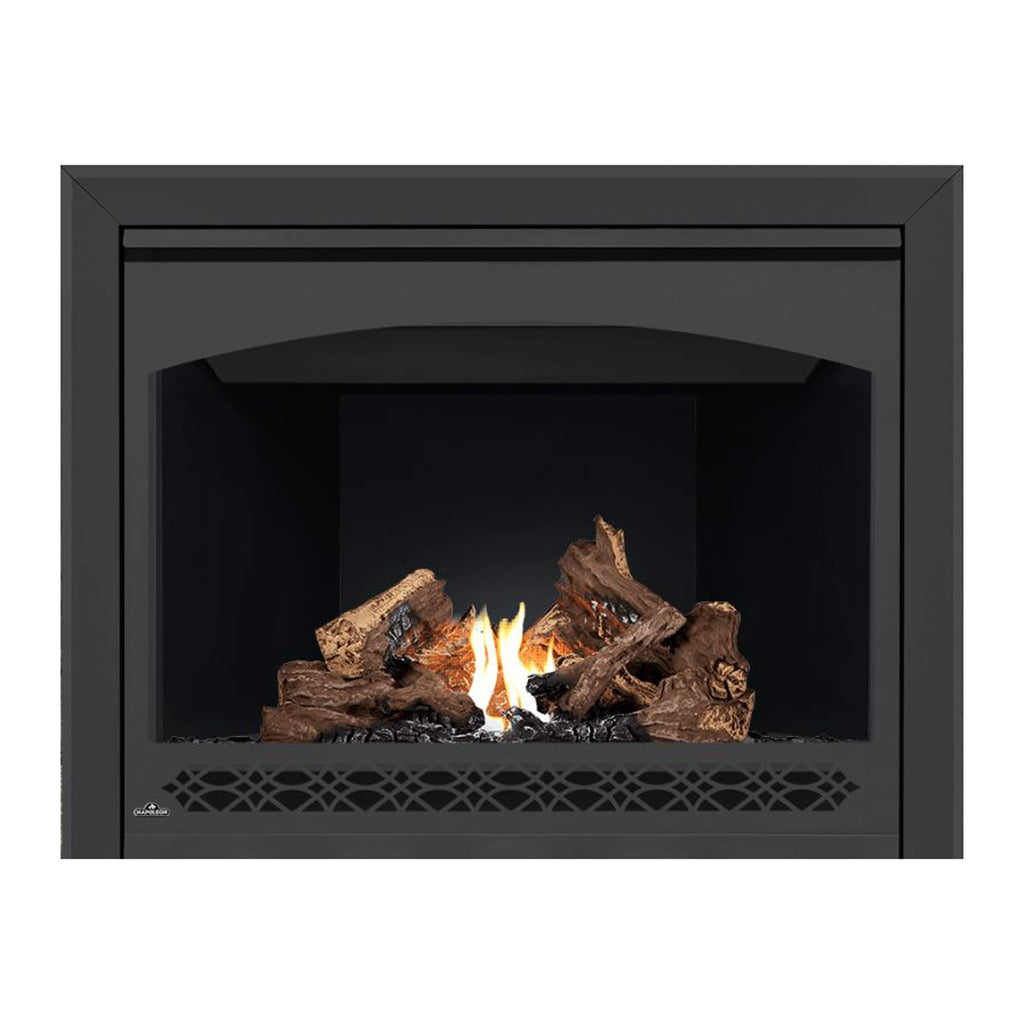 Direct vent gas fireplace with dark surround, flame, and stacked log pieces on the grate
