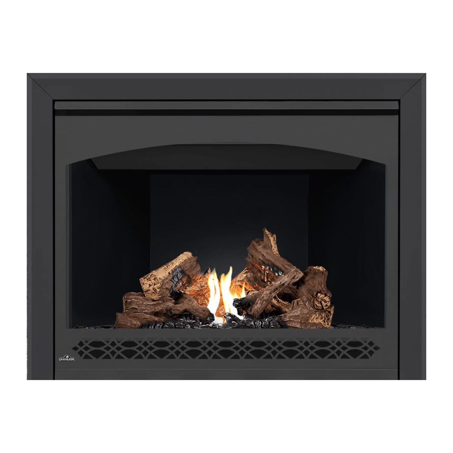 Direct vent gas fireplace with dark surround, flame, and stacked log pieces on the grate