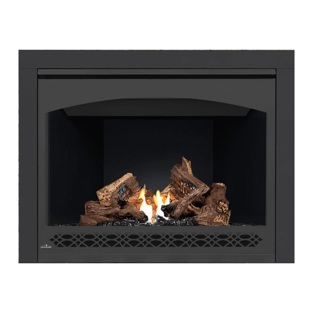 Direct vent gas fireplace with black surround, burning logs, and flames behind dark interior.