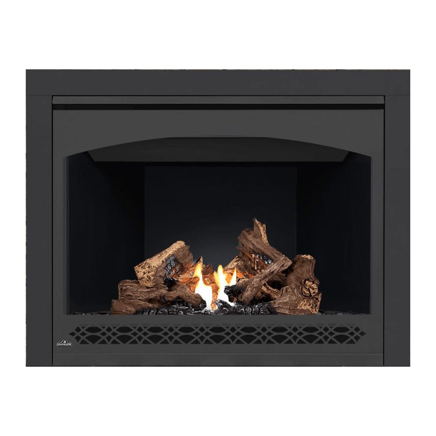 Direct vent gas fireplace with black surround, burning logs, and flames behind dark interior.